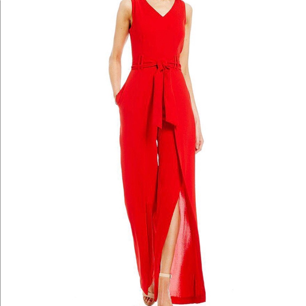 Antonio Melani Red Fitz Tie Waist Crepe Jumpsuit.